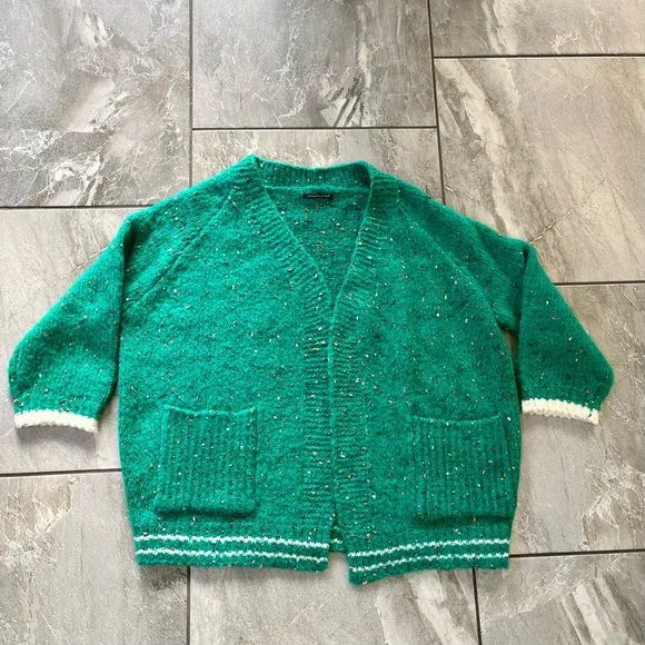 💚 Do Everything In Love Open Front Varsity Cardigan OS Flecked Kelly Green - Picture 1 of 7